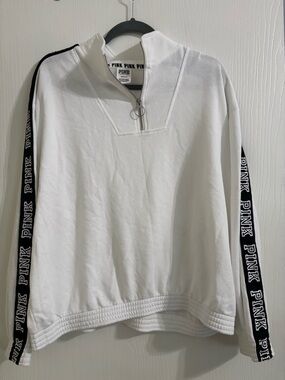 Victoria's Secret PINK White Half-Zip Sweatshirt with Black Logo Taping
